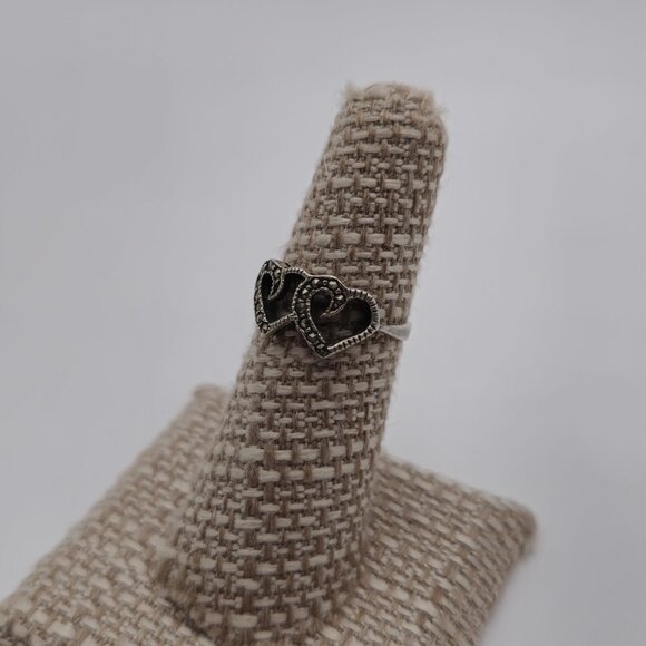 Size 5.75 Sterling Silver Double Heart Marcasite Stones Ring A3294 - Picture 3 of 8